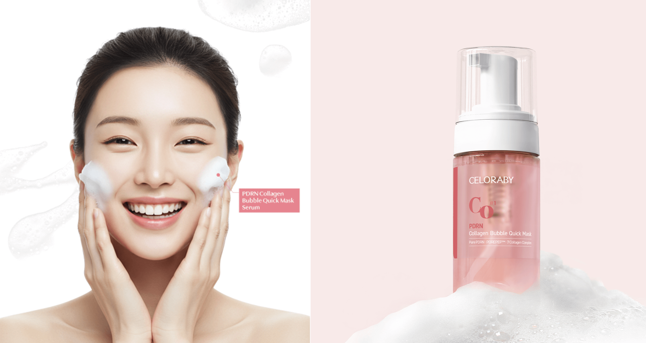 On the left, a woman smiling, and bubbles on her cheeks on the right, pinkish PDRN bubble serum product on bubbles